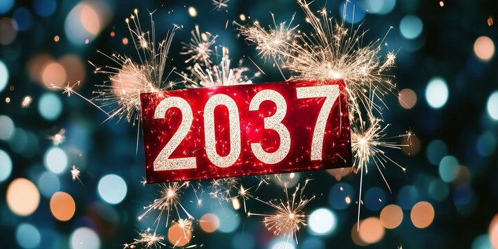 Vibrant fireworks display celebrating the New Year of 2037, lighting up the night sky beautifully.