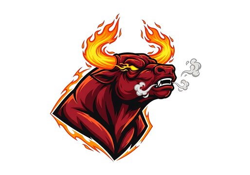 Angry red bull head mascot with burning fire horns and steam coming from nostrils