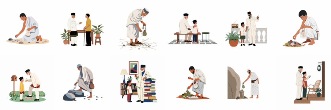 Collection of flat vector illustrations depicting Muslim men and boys in religious activities, Hajj rituals, family interactions, and traditional educational settings.