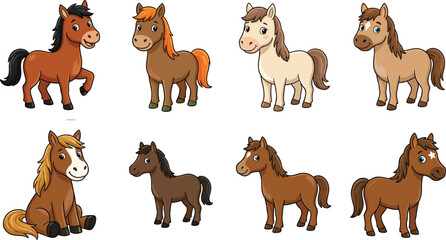 Fototapeta premium Cute Pony and Horse Cartoon Vector Collection Featuring Adorable Farm Animal Characters with Hand Drawn Illustration Style for Kids Educational Design Projects