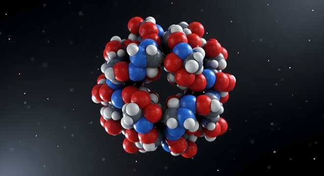 Molecular structure model in space with red, blue, and gray spheres