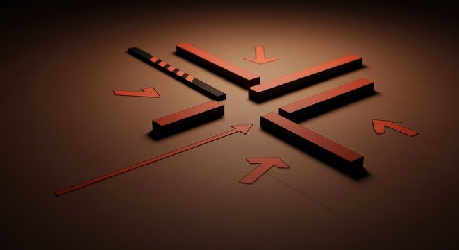 Abstract visualization of a complex system failure or incorrect decision shown by misaligned directional indicators on a neutral surface ,abstract ,mistake ,trouble