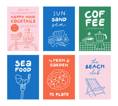 Modern summer posters in sketch style. Trendy design for cards, wall art, print, ads.