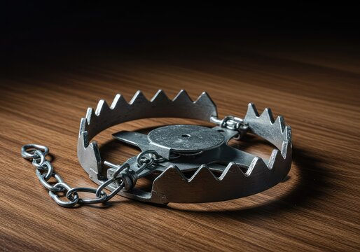 A deactivated hazardous trap, featuring sharp metal jaws, is securely locked inside a confining wire containment cage on a wooden surface ,security system ,metal ,danger