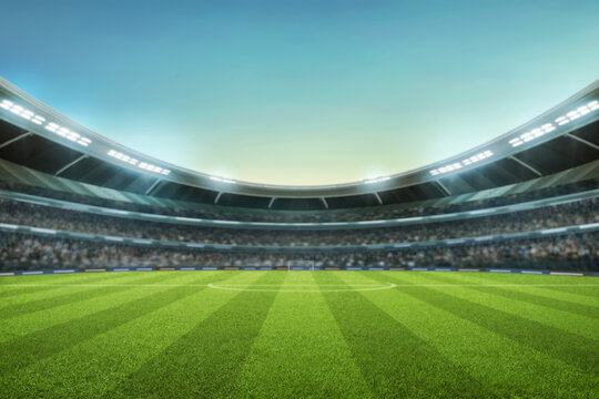 Soccer stadium field with blue sky, soccer background