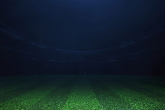 Dark empty nobody soccer stadium field at night, soccer background