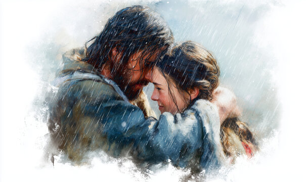 Soft watercolor textures blend the falling rain with a powerful scene of faith and religion. The emotional embrace between Jesus Christ and the lady serves