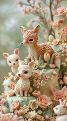Obraz premium Sweet fox and deer decorations on a cake with flowers displayed at a party during daytime in a garden setting