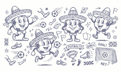Obraz premium Vintage 1930s Rubber Hose Style Soccer Ball Mascot and Football Championship Doodle Set