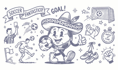 Obraz premium Vintage 1930s Rubber Hose Style Soccer Ball Mascot and Football Championship Doodle Set