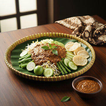 Karedok traditional Sundanese West Java raw vegetable salad with kencur peanut sauce on banana leaf and tampah, Indonesian food

