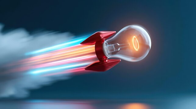 Conceptual image of fast innovation with rocket shaped light bulb in motion