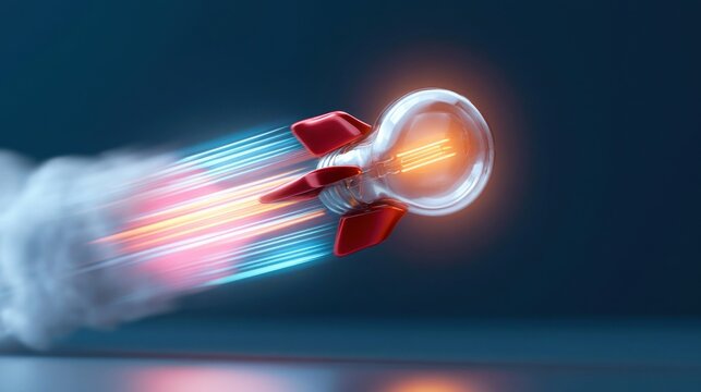 Innovative light bulb rocket flying fast with bright glowing filament concept