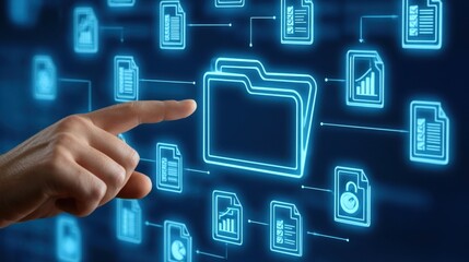 Fototapeta na wymiar Human hand interacting with digital folder icon and data file symbols