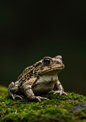 Obraz premium A warty toad, an amphibian, sits patiently on a patch of moss on the ground in a natural habitat, showcasing its unique texture and large eye ,vertebrate ,amphibian ,amphibia