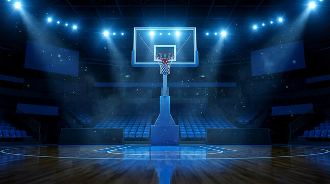 A basketball player dunks the ball through the hoop in an empty stadium with blue lighting.