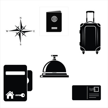 Black and white backpack with camera gear and accessories flat lay vector illustration isolated on white background, Vector