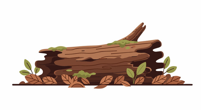 A fallen log rests amidst scattered autumn leaves and green moss