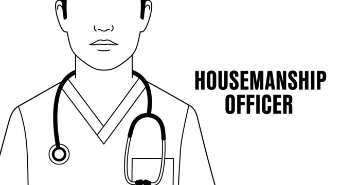 Minimalist vector illustration of a male doctor avatar with a stethoscope and Housemanship Officer text. Concept for medical internship, junior physician training, and healthcare profession.