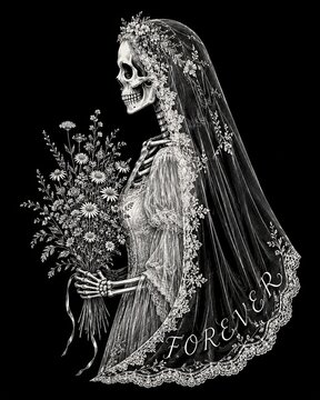 Skeleton Bride with Floral Veil and Bouquet, Gothic Wedding Theme, Dark Romance