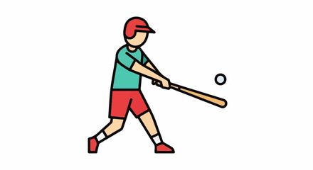 Fototapeta premium A flat illustration depicts a person in athletic attire swinging a bat at a ball