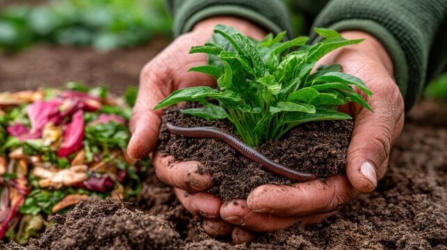 A pair of hands gently holding a large, wriggling earthworm in rich soil, highlighting close interaction with nature and soil life.