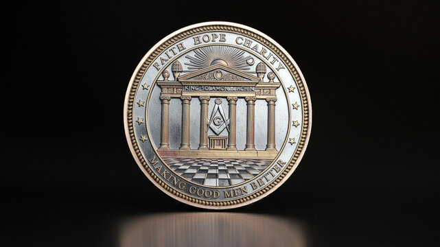 Commemorative gold coin with King Solomon's Columns and jachin and a Masonic logo