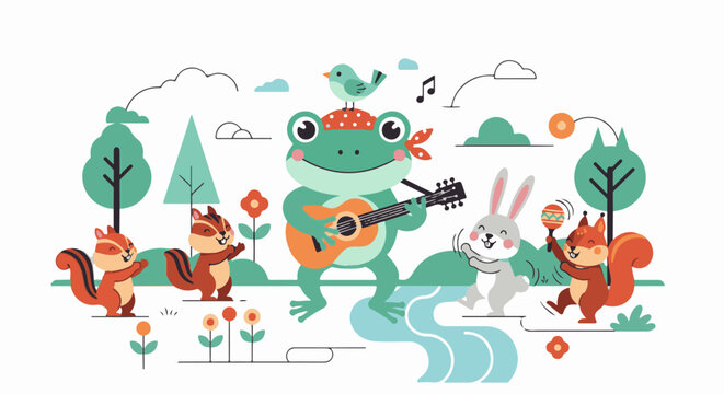 A frog plays guitar for dancing forest animals