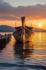 Obraz premium Traditional Thai Fishing Boat Moored at a Picturesque Pier During a Stunning Sunset, Scenic View