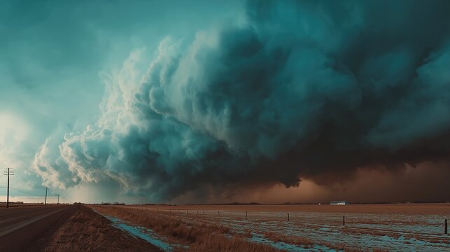 Ominous supercell storm shelf cloud over country road and rural landscape