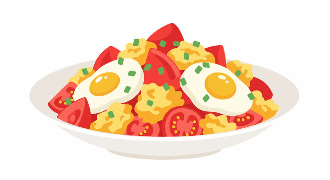 A colorful bowl overflowing with fried eggs, sliced tomatoes, and scrambled egg pieces