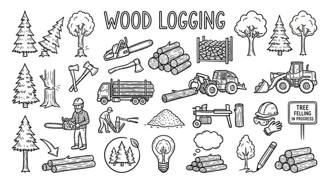 Wood logging industry related icons set.