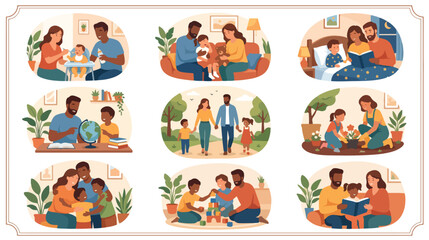 Fototapeta premium Illustrations of diverse families with children celebrating World Parents Day in various heartwarming moments together