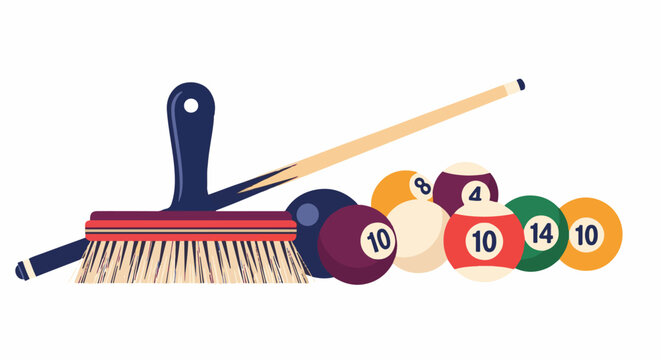 A brush and billiard balls with a cue stick are arranged in a composition