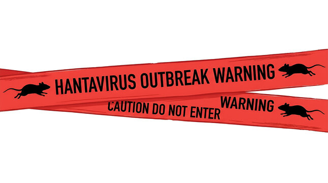 Warning tape blocks off area due to Hantavirus outbreak with caution signs and rodent silhouettes.