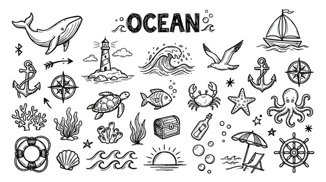 Black and white ocean icons set.