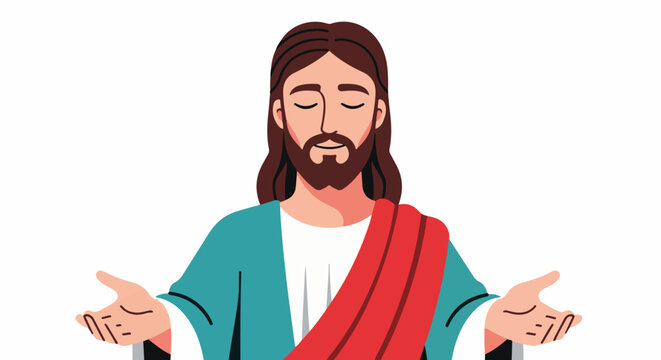 A calm, spiritual figure with eyes closed and hands open in blessing or welcome
