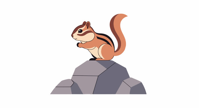 A cartoon chipmunk sits on a grey rock with its tail curled up