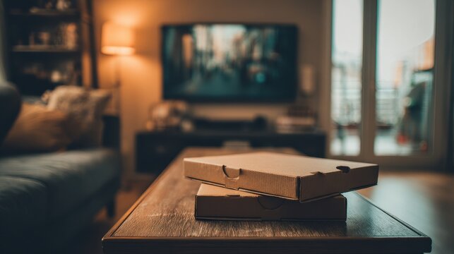 Two cardboard pizza boxes resting on a wooden coffee table in a home living room with a television on in the background