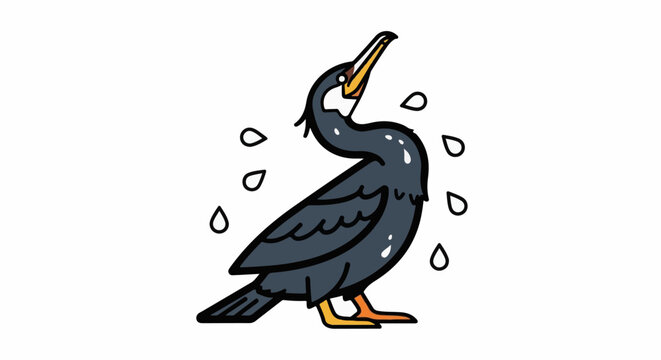 A cartoon cormorant with a bent neck and open beak, surrounded by raindrops
