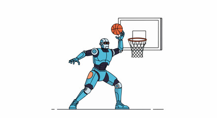 Fototapeta premium A blue robot dunks a basketball on a white background with a hoop