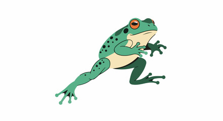 Fototapeta premium A cartoon frog with orange eyes and green patterned skin is leaping
