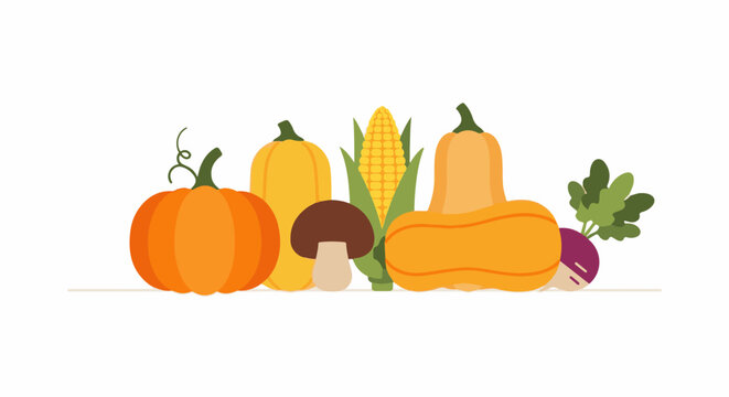 A cheerful harvest display of pumpkins, corn, mushroom, and beet