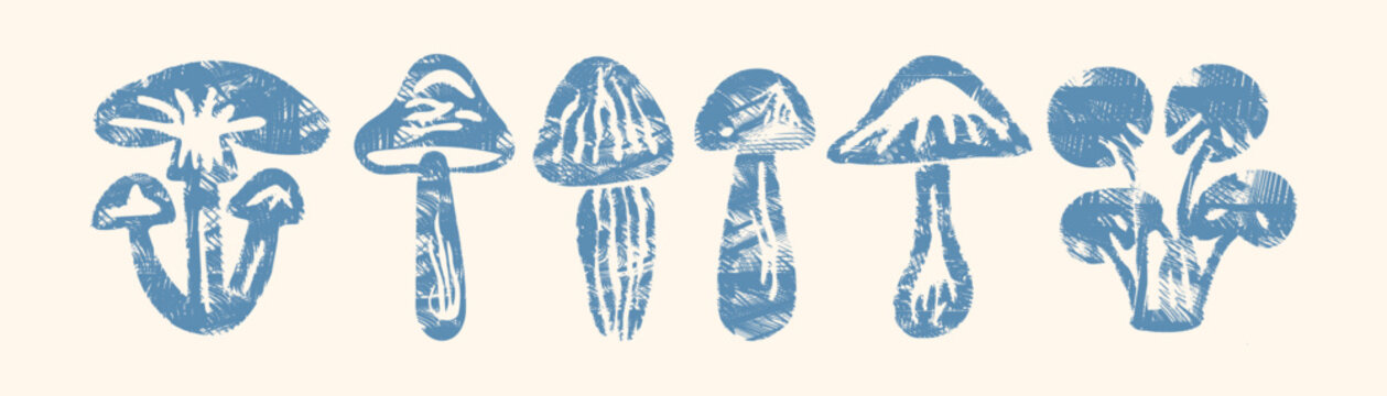Rustic block print mushroom set: blue textured clusters of boletus, enoki and forest fungi on cream in naive linocut style, isolated vector illustration