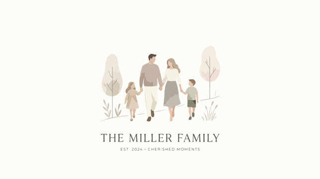 A family of four walks hand-in-hand in a serene natural setting on World Parents Day with warm beige tones and a minimalist illustration style