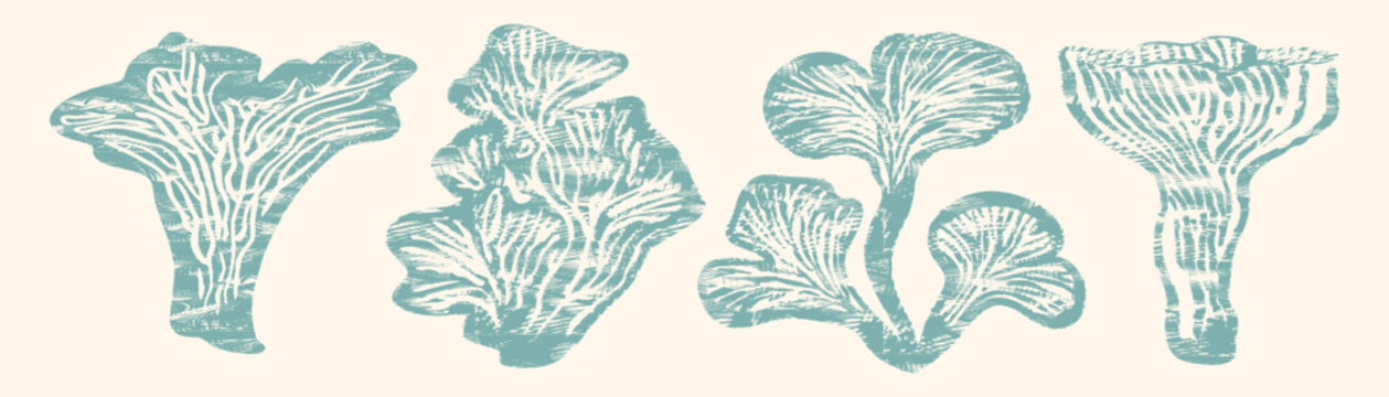Teal linocut chanterelle set: textured block print fungi with detailed gills on cream background, rustic organic vector illustration in naive mint style