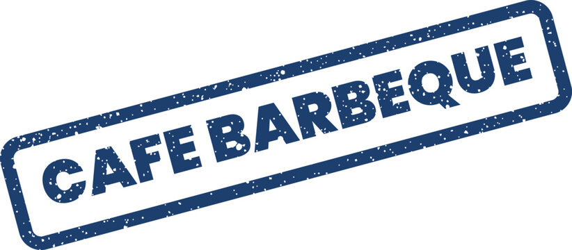 Worn rectangular stamp effect featuring the phrase CAFE BARBEQUE with a textured, speckled appearance