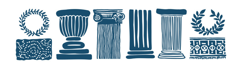 Ancient Greek silhouette set: naive linocut illustration of columns, ionic pillar, laurel wreath and stone ornament, rustic vector design elements on white background © Maria Petrish