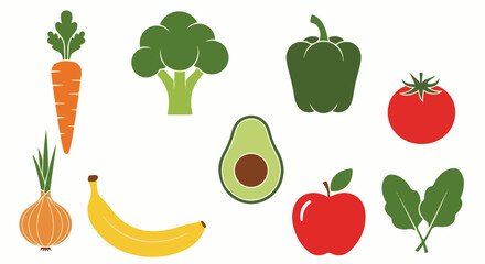Fototapeta premium A colorful collection of cartoon-style vegetables and fruits arranged on a white background