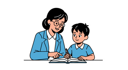 Fototapeta premium Female teacher helping schoolboy with writing or studying vector illustration.